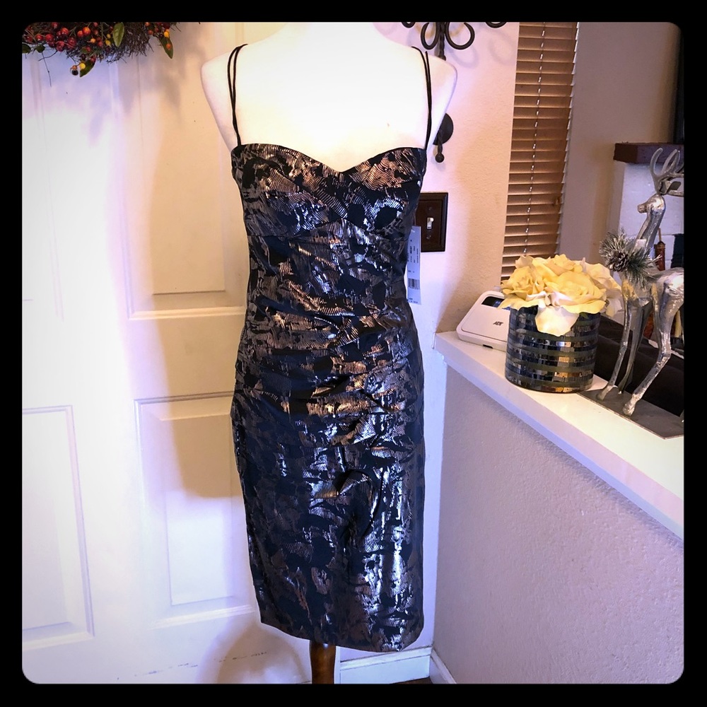 NWT Nicole Miller Black & Gold Metallic Silk Dress